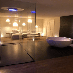 salle de bain moderne ouverte sur un salon éclairée